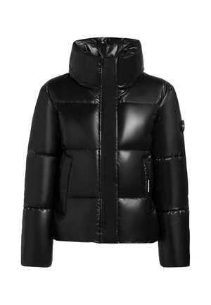 Doudoune noire avec col montant, finition brillante, motif matelassé horizontal, zip à l'avant et poches latérales. Présente un accent de logo sur la manche.