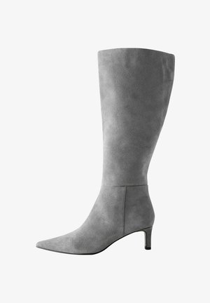 Stivale al ginocchio in suede grigio con punta appuntita, tacco sottile e texture liscia. Presenta un design senza cuciture e dettagli di cuciture verticali.