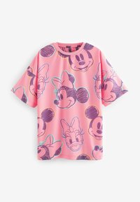 Rózsaszín, rövid ujjú póló, amelyen Mickey és Minnie Mouse rajzfilmszerű arcai láthatók lila körvonalakkal egy egyszínű háttéren.