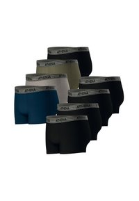Paquet de dix slips en plusieurs couleurs : noir, bleu marine, vert olive et gris. Fabriqués en tissu lisse avec une ceinture élastique grise portant l'inscription "ATHENA".