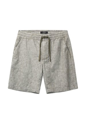 Lichtgewicht short met grijs- en beige strepen, voorzien van een elastische tailleband en trekkoord. Heeft twee zijzakken. Gemaakt van ademende stof.