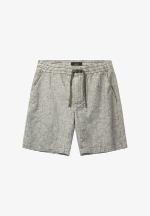 Lekkie spodenki w szaro-beżowe paski, z elastycznym pasem i sznurkiem do regulacji. Posiadają dwie boczne kieszenie. Wykonane z oddychającego materiału.