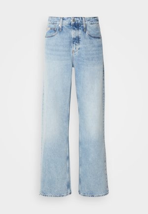 Light blue wide-leg jeans with a high waist, featuring a faded finish, belt loops, and classic five-pocket design. Hem is raw.