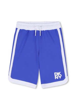 Pantalones cortos deportivos azules con cinturilla blanca, rayas laterales y logo "DKNY" en la parte inferior de la pierna derecha.