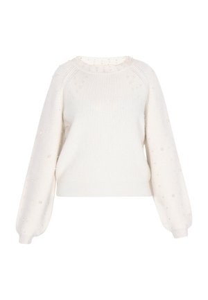 Pull crème à la texture en côtes, col rond et manches longues bouffantes ornées de petites perles le long des bras.