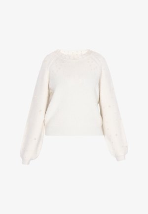 Krémový svetr s ribbed texturou, kulatým výstřihem a dlouhými nafouknutými rukávy, které jsou zdobeny malými korálky podél rukávů.
