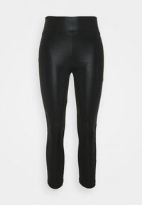 Czarne legginsy z wysokim stanem o dopasowanym kroju, wykonane z gładkiego, elastycznego materiału, z połyskującym wykończeniem i długością do kostek.