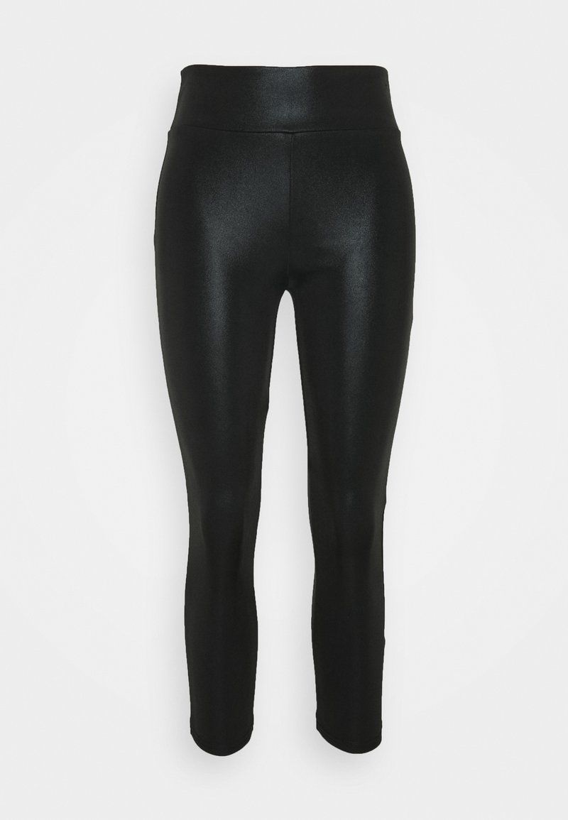 Czarne legginsy z wysokim stanem o dopasowanym kroju, wykonane z gładkiego, elastycznego materiału, z połyskującym wykończeniem i długością do kostek.