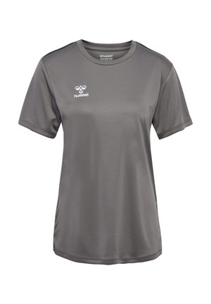 Grijs sportief T-shirt gemaakt van gladde stof, met korte mouwen, een ronde hals en een klein wit logo op de borst.