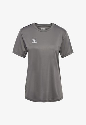 Grijs sportief T-shirt gemaakt van gladde stof, met korte mouwen, een ronde hals en een klein wit logo op de borst.