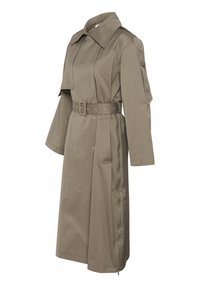 Trench coat khaki realizzato in misto cotone, con vita arricciata, ampio colletto, tasche a soffietto e chiusura con zip lungo il lato.
