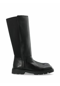 Botas negras hasta la rodilla con punta de cuero suave y tobillo de cuero, y parte superior de tejido texturizado. Suela de goma gruesa con un patrón de tracción.
