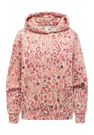 Rosa og kremfarget leopardmønstret hettegenser med kengurulomme foran, snor i hetten, og ribbestrikkede mansjetter og nederkant, vist på hvit bakgrunn.