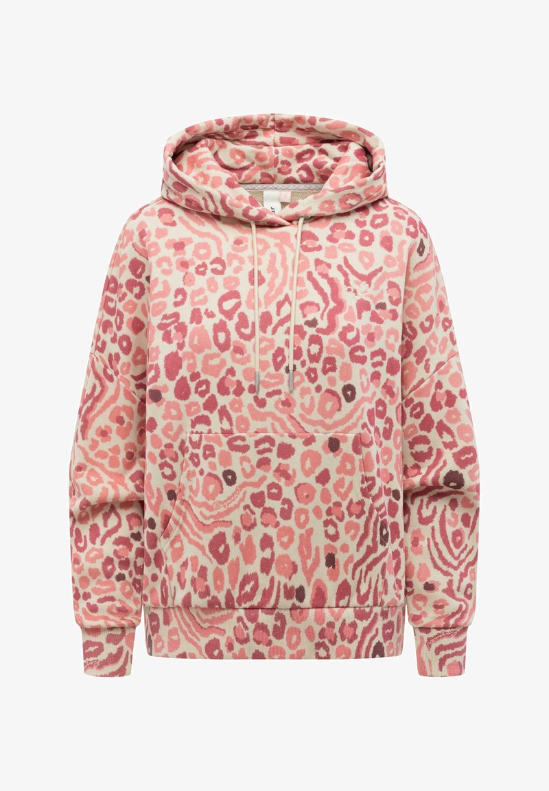 Rosa-weißer Kapuzenpullover mit Leopardenmuster, Front-Kängurutasche, Kapuze mit Kordelzug und gerippten Bündchen sowie Saum, auf weißem Hintergrund dargestellt.