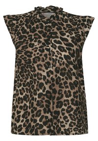 Hedvábná bezrukávová blůzka s leopardím potiskem a volánkovým límcem, s knoflíkovým zapínáním, vyrobená z lehkého materiálu v béžových a černých tónech.