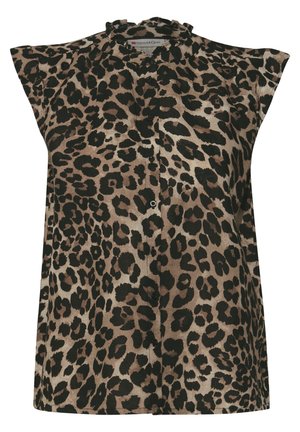 Hedvábná bezrukávová blůzka s leopardím potiskem a volánkovým límcem, s knoflíkovým zapínáním, vyrobená z lehkého materiálu v béžových a černých tónech.