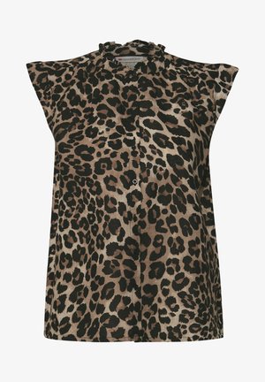Hihaton leopardi-kuosiset pusero, jossa on röyhelökaulus ja napitus, valmistettu kevyestä kankaasta beige- ja mustaväreissä.