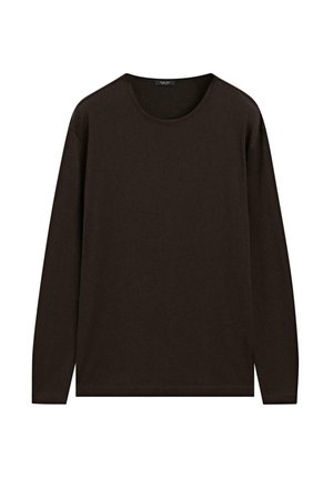 Brun långärmad skjorta i mjukt material, med rund halsringning och avslappnad passform, raka ärmar och en enkel design.