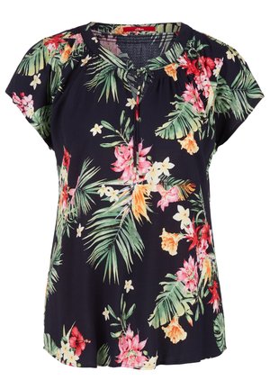 Blouse bleu marine à manches courtes avec imprimé floral tropical multicolore et petit détail noué devant au niveau de l'encolure.