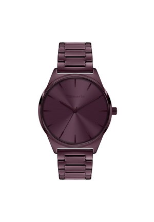 Rond analoog horloge met een diep paarse metalen kast en bijpassende schakelband. Heeft een gestructureerde wijzerplaat met minimalistische uurmarkeringen en wijzers.