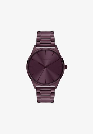 Rond analoog horloge met een diep paarse metalen kast en bijpassende schakelband. Heeft een gestructureerde wijzerplaat met minimalistische uurmarkeringen en wijzers.