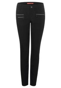 Svarta byxor med slim fit, med fickor framtill med dragkedja och knappstängning. Tillverkade av ett mjukt tyg med minimala metallaccent.