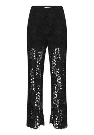 Schwarze Spitzenhose mit floralen Mustern, flared Saum und durchscheinendem unteren Abschnitt. Weicher Stoff und elastischer Bund sorgen für Komfort und Stil.