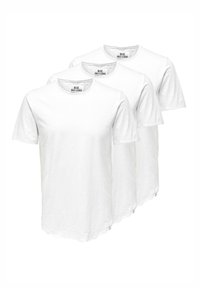 Drei weiße kurzärmelige T-Shirts aus Baumwolle, mit Rundhalsausschnitt und geradem Saum sowie minimalen Nähdetails.