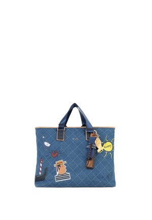 Borsa tote trapuntata blu con manici blu navy, decorata con toppe a tema Venezia tra cui gondoliere, cuore, gabbiano, faro e sole giallo con la scritta "Sunny".