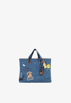 Blauwe doorgestikte tote tas met marineblauwe handvatten, versierd met Venetië-thema patches waaronder gondelier, hart, meeuw, vuurtoren en gele zon met het label "Sunny".