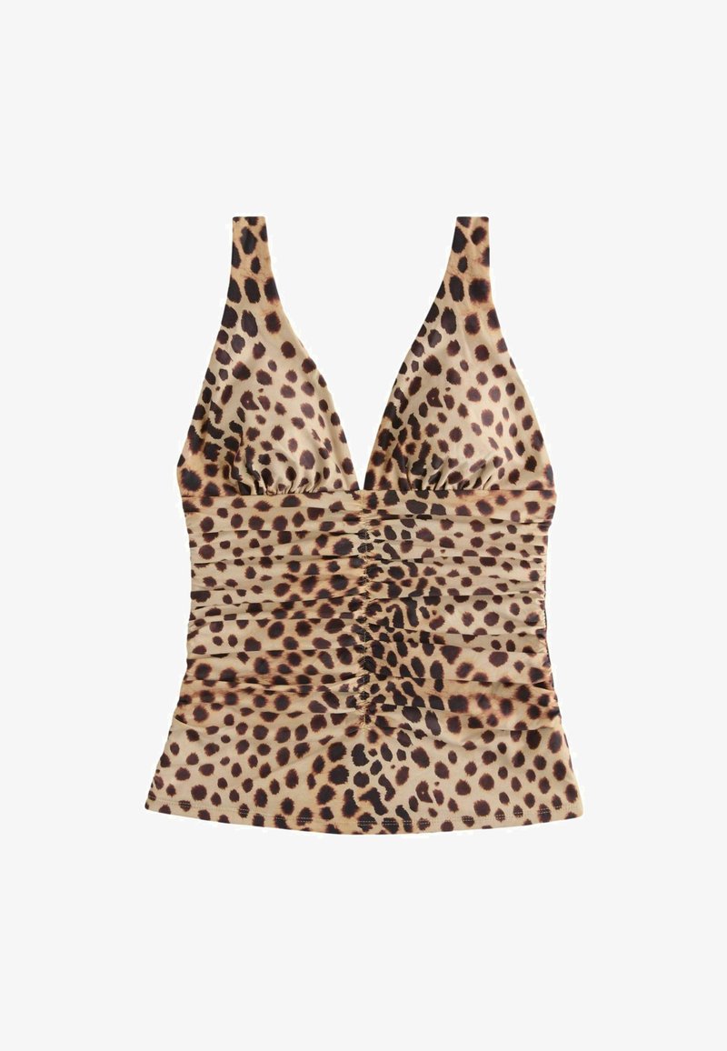 Haut à col halter imprimé léopard avec fronces au centre et taille cintrée en tons beige et marron foncé.