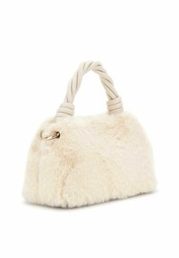 Neplederen handtas in roomkleur met een gevlochten handvat en gouden hardware. Heeft een gestructureerde vorm en een zachte textuur.