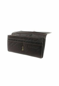 Brown leather wallet with a textured finish, featuring multiple card slots, a button closure, and subtle branding on the front.