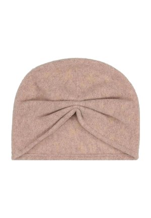 Fascia per capelli a forma di turbante in morbido tessuto di spugna beige, con dettagli a nodo torcigliato nella parte anteriore.