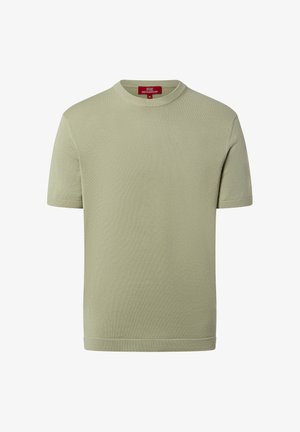 Hellgrüner kurzärmeliger Strickpullover mit Rundhalsausschnitt und rotem Etikett im Kragen, Größe M.