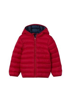 Red padded children's jacket with horizontal quilting, elastic cuffs, front zipper, and a hood lined in dark fabric.