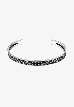 Pulsera de puño de plata con una superficie lisa y una banda de patrón negro y plata alrededor del centro. Con extremos abiertos para facilitar su uso.
