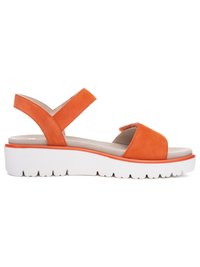 Orange suede open-toe sandal with adjustable ankle strap and thick white sole with deep tread for grip.