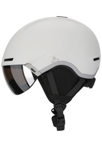 Hvid hjelm med aerodynamisk form, integreret tonet visir, sort polstring og justerbart hagerem. Glat finish med ventilationssluser.