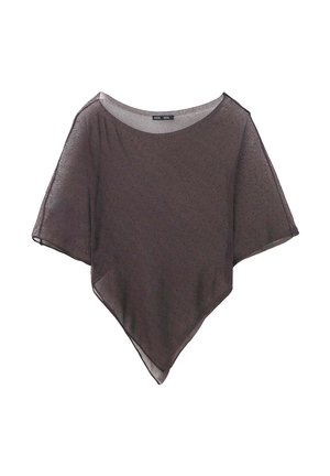 Blusa negra transparente de manga corta con escote amplio y bajo asimétrico puntiagudo, hecha de tela ligera con lunares.