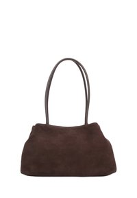Brown suede tote bag with a soft texture, two long handles, and a rounded base. Simple design with no visible hardware or embellishments.