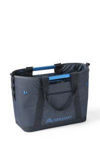 Gray fabric tote bag with blue accents, rectangular shape, dual black handles, exterior logo, and a spacious interior.