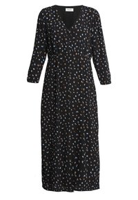 Robe maxi noire avec un col en V, manches longues et taille froncée. Présente un motif floral en bleu et orange sur un fond sombre.