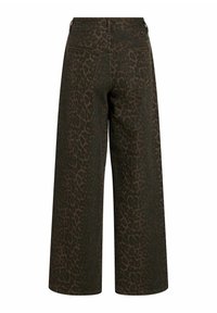 Pantalon taille haute à jambes larges avec imprimé léopard marron foncé et noir, doté de deux poches arrière et de passants pour ceinture, vu de dos.