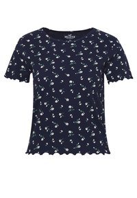 T-shirt floreale blu navy realizzato in tessuto testurizzato, con orlo a scalloped e motivi di fiori bianchi con accenti verdi.