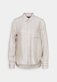 Randig skjorta i beige och vitt, tillverkad av lätt tyg med en framficka och långa ärmar som har randiga manschetter.