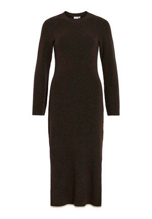 Long brown ribbed knit dress with a round neckline and long sleeves, featuring a fitted design and a contrasting light-colored hem.