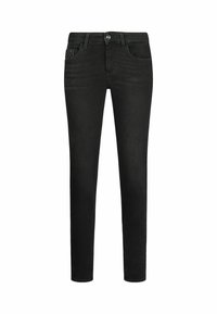 Crni traperice od denima slim fit kroja, s pet džepova, dugmetom za zatvaranje i suptilnim detaljima šivanja. Glatka tekstura i dizajn ravnog nogavica.