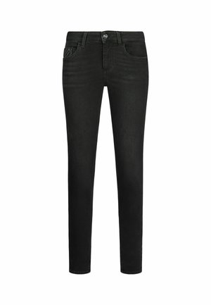 Sorte denim jeans med slim fit, fem lommer, knaplukning og diskrete syninger. Glat tekstur og lige ben design.