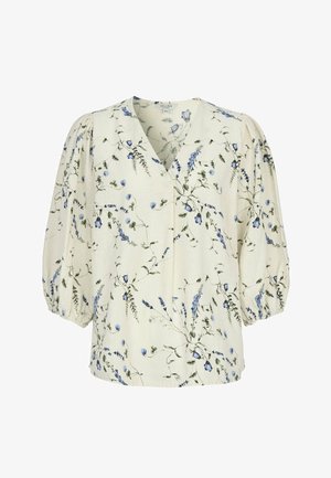 Cremefarbene Bluse mit V-Ausschnitt, gepufften dreiviertel Ärmeln und blauem Blumenmuster überall.